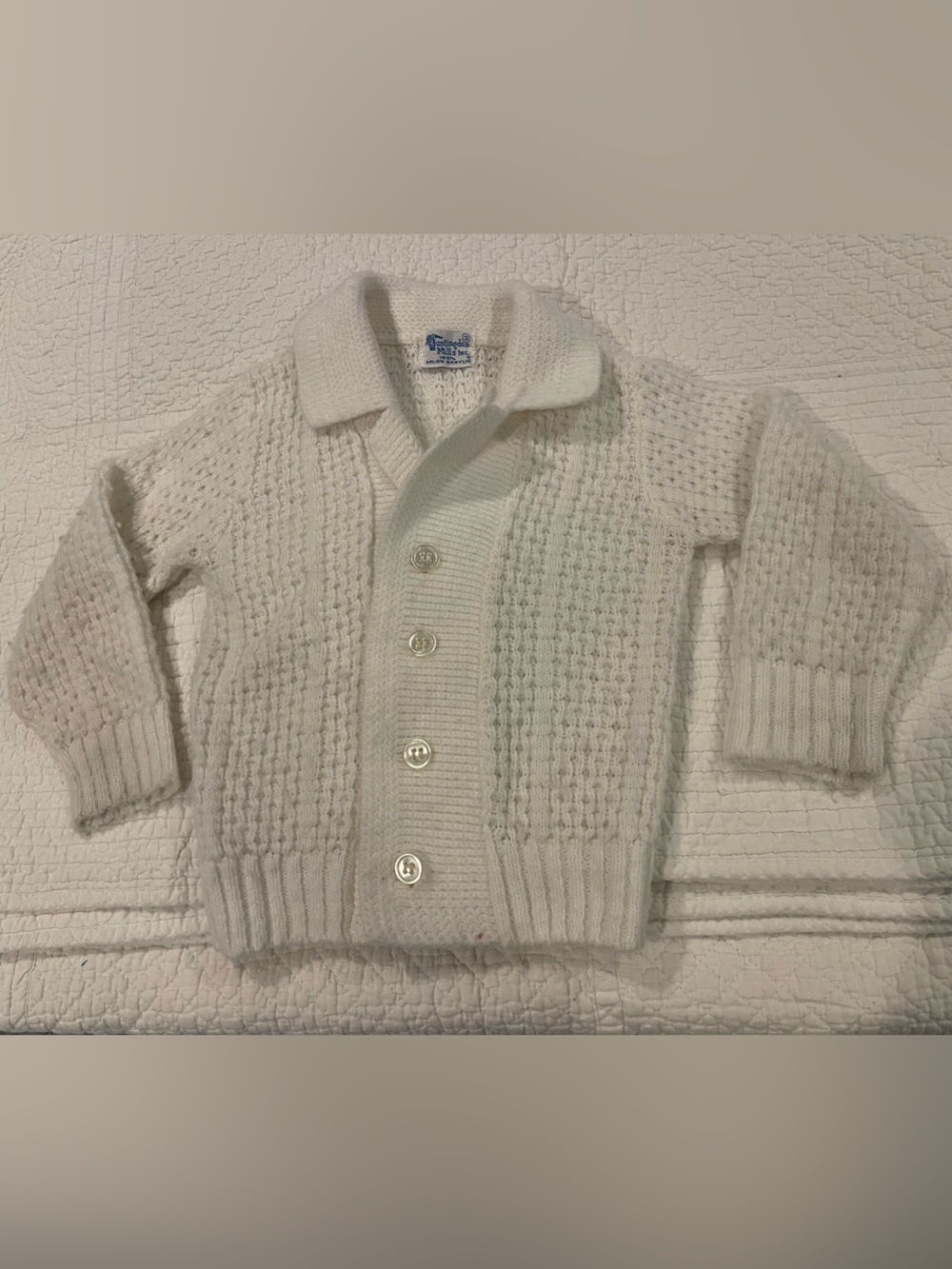 Vintage Huntingdon Mills 100% Orlon Acrylic White Knit Cardigan Sweater Sz 3